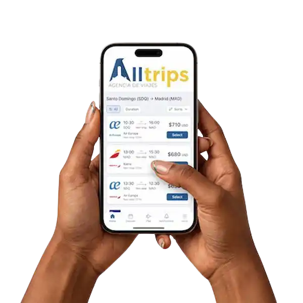 App de All Trips & Travels mostrando vuelos disponibles